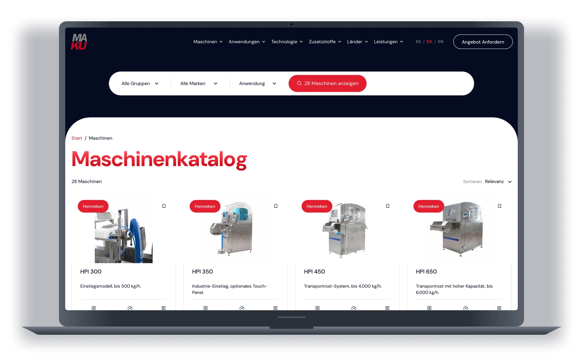 Der Maschinenkatalog von MAKU Meat Tec auf einem MacBook, mit der Suche über Gruppe, Marke und Anwendung.
