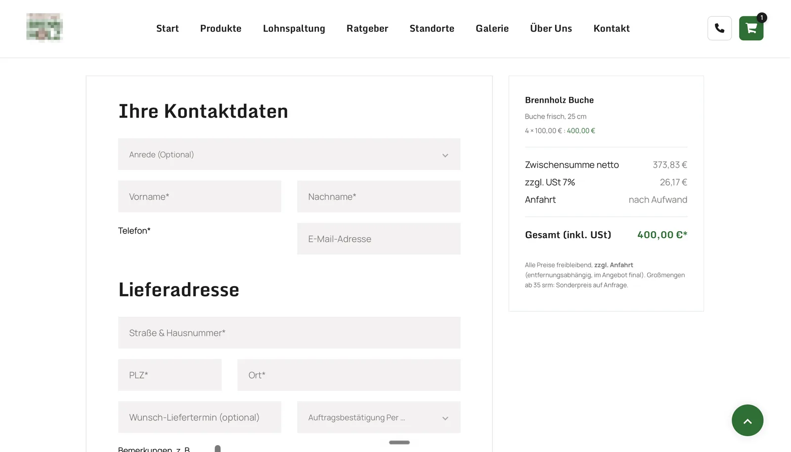 Brennholz-Onlineshop — Checkout & Lieferdaten